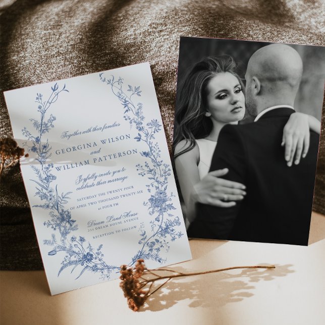 Elegant Vintage Blue Floral Jouy Wedding Invitation (Creator Uploaded)
