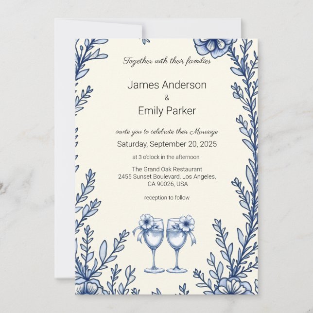 Elegant Vintage Blue Floral Wedding Invitation (Front)