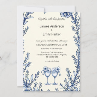 Elegant Vintage Blue Floral Wedding Invitation