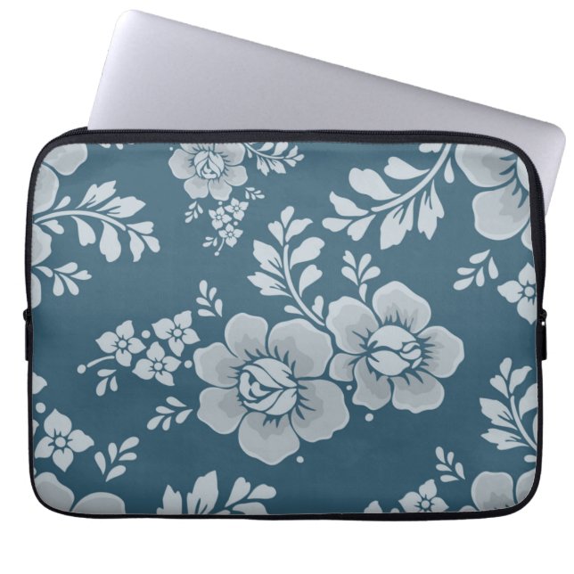 Elegant Vintage Blue Flower Pattern Laptop Sleeve (Front)