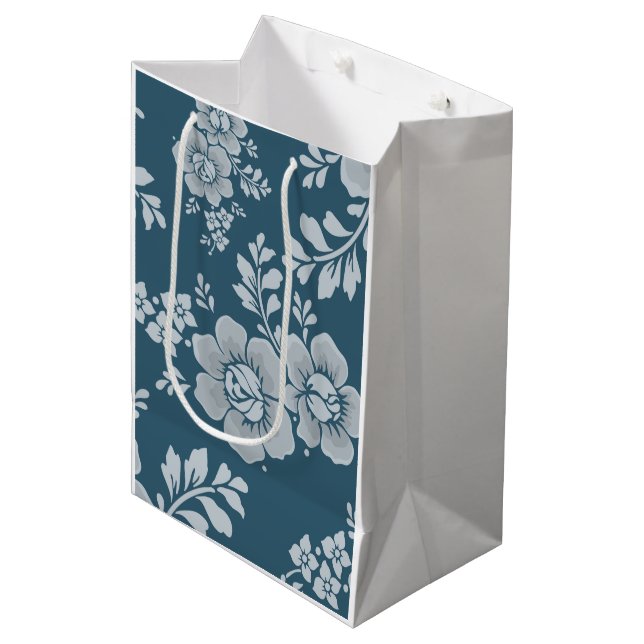 Elegant Vintage Blue Flower Pattern Medium Gift Bag (Front Angled)