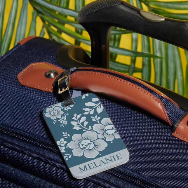Elegant Vintage Blue Flower Pattern Personalised Luggage Tag (Front Insitu 1)