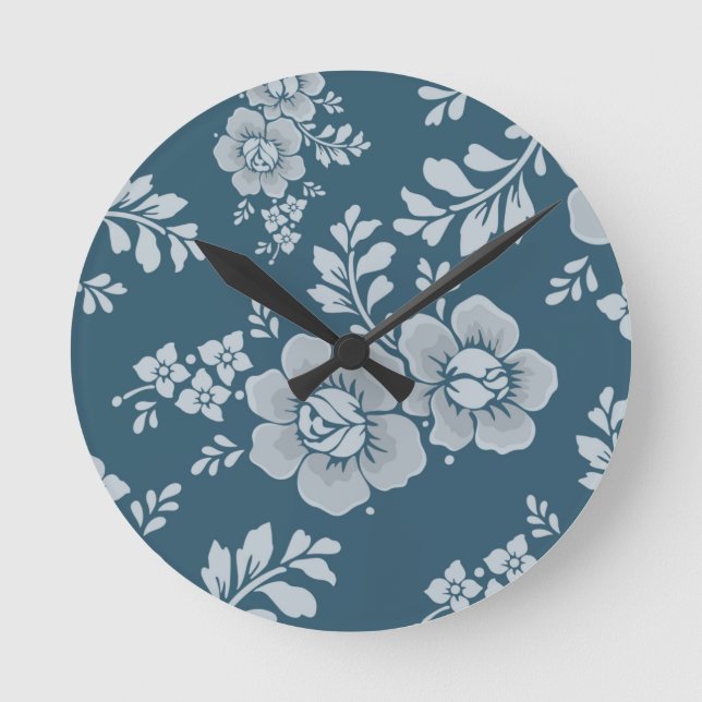 Elegant Vintage Blue Flower Pattern Round Clock (Front)