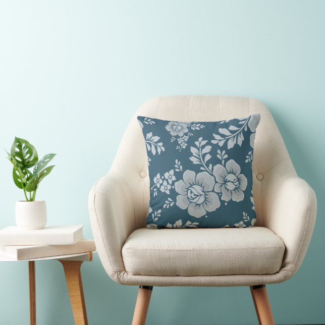 Elegant Vintage Blue Flower Pattern Throw Pillow (Chair)