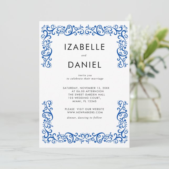 Elegant Vintage Blue Frame Wedding  Invitation (Standing Front)