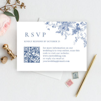 Elegant Vintage Blue French Garden Wedding QR code RSVP Card