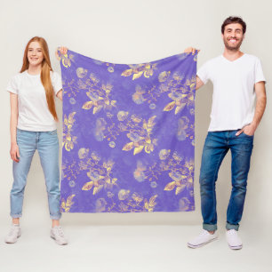 Elegant Vintage Blue Gold Floral Illustration Fleece Blanket