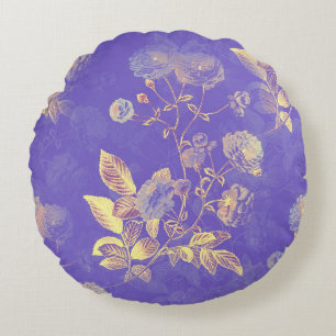 Elegant Vintage Blue Gold Floral Illustration Round Pillow