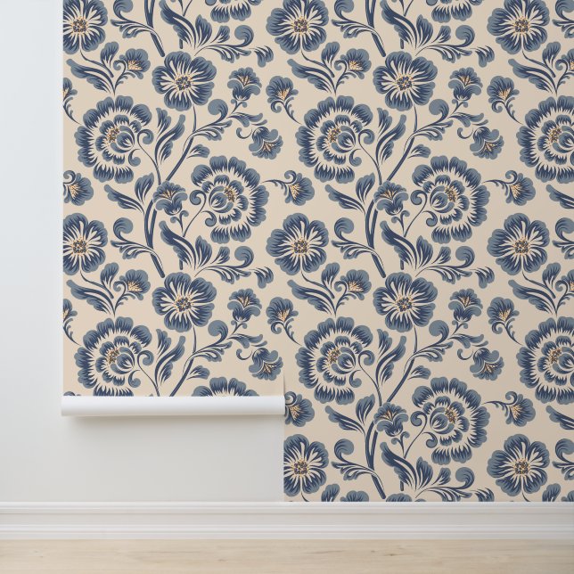 Elegant Vintage Blue Gold Floral Pattern Wallpaper (Application)