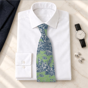 Elegant vintage blue green toile de jouy printed tie