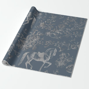 Elegant Vintage Blue Grey Horses Floral Patter Wrapping Paper