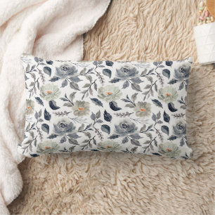Elegant Vintage Blue Grey Watercolor Floral Botani Lumbar Pillow