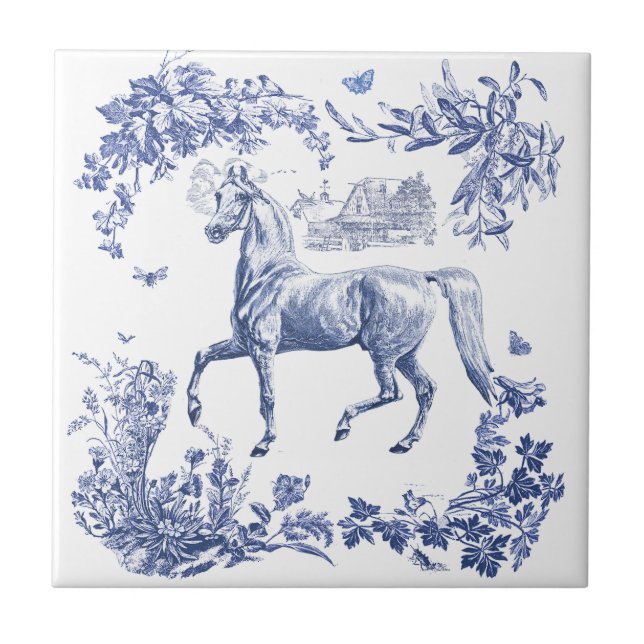 Elegant Vintage Blue Horse Floral Tile (Front)