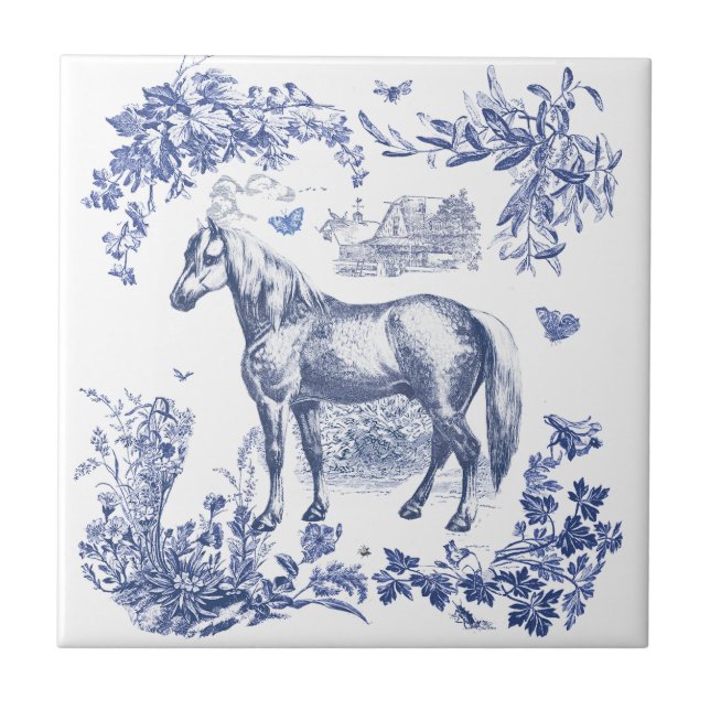Elegant Vintage Blue Horse Floral Tile (Front)