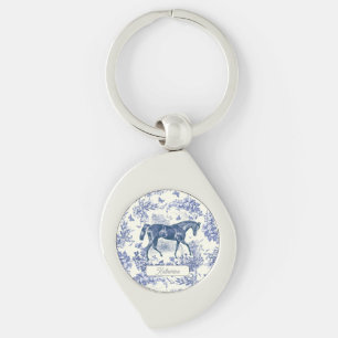 Elegant Vintage Blue Horse Floral Toile Name Keychain