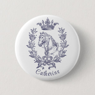 Elegant Vintage Blue Horse Laurel Crown Name 2 Inch Round Button