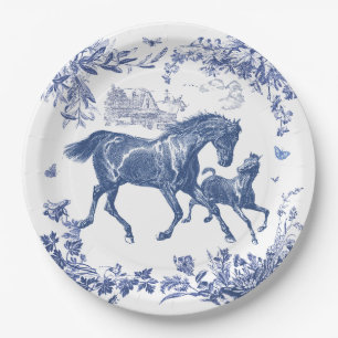 Elegant Vintage Blue Horses Floral Paper Plate