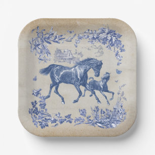 Elegant Vintage Blue Horses Floral Paper Plate