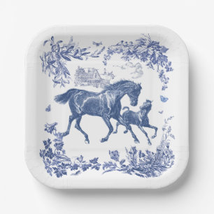 Elegant Vintage Blue Horses Floral Paper Plate