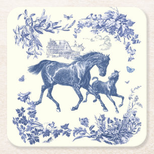 Elegant Vintage Blue Horses Floral Square Paper Coaster