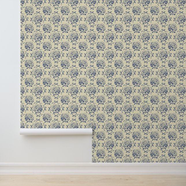 Elegant Vintage Blue Hydrangea Bow Pattern Wallpaper (Application)