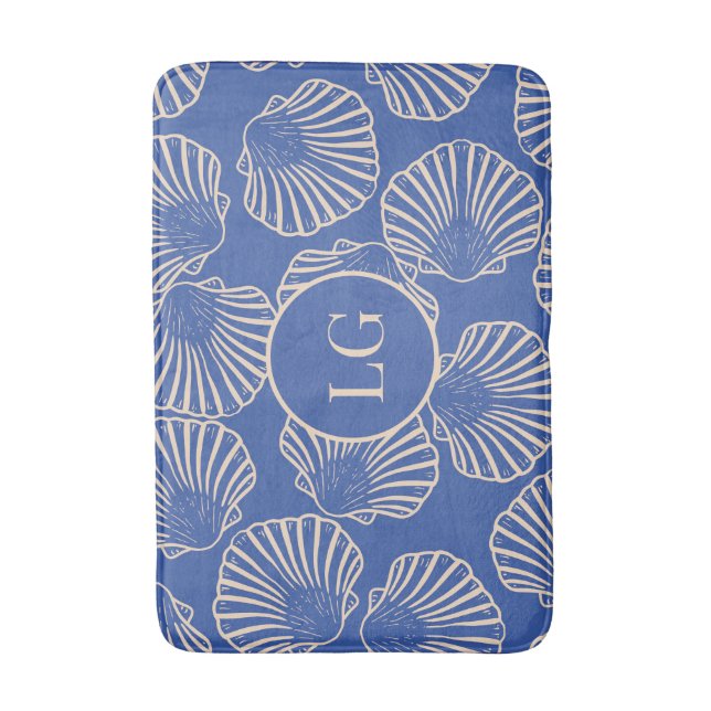 Elegant Vintage Blue Seashell Bath Mat (Front Vertical)