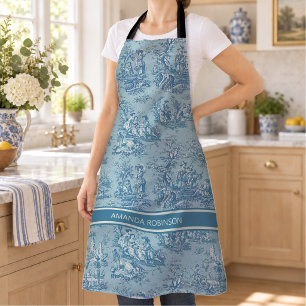 Elegant vintage blue teal toile de jouy printed  apron