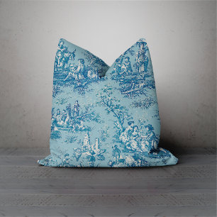 Elegant vintage blue teal toile de jouy throw pillow