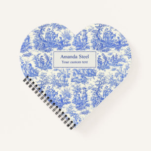 Elegant vintage blue toile de jouy heart notebook