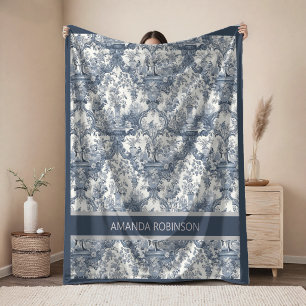 Elegant vintage Blue toile de jouy monogram Fleece Blanket