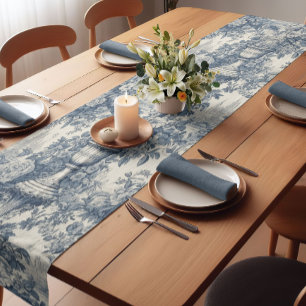 Elegant vintage Blue toile de jouy monogram Short Table Runner