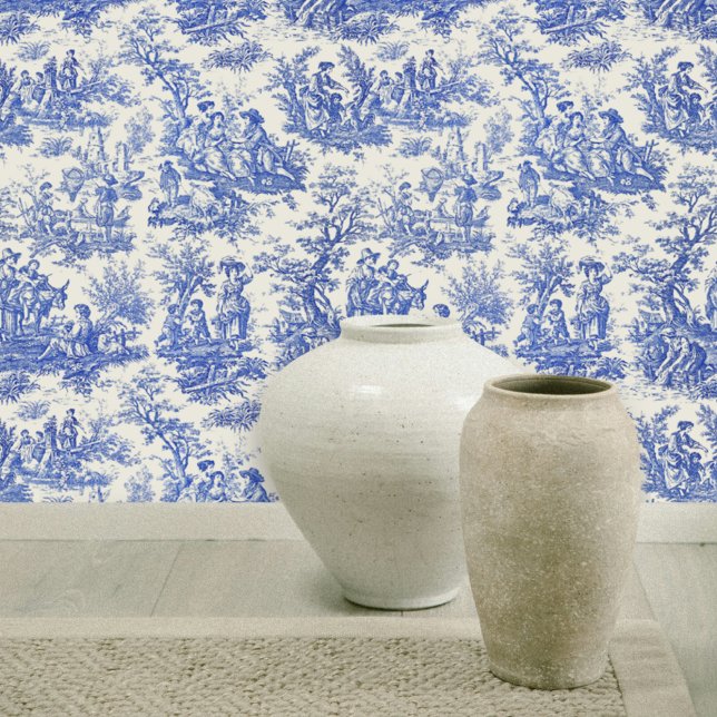 Elegant vintage blue toile de jouy wallpaper (Creator Uploaded)