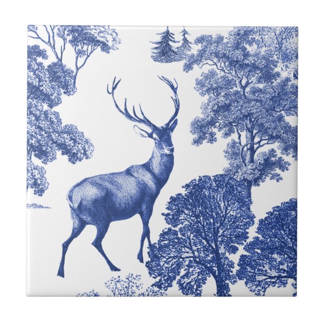 Elegant Vintage Blue Toile Deer in Woods Tile (Front)