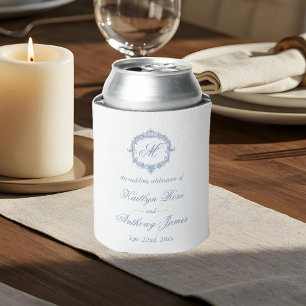 Elegant Vintage Blue Toile Monogram Wedding Can Cooler