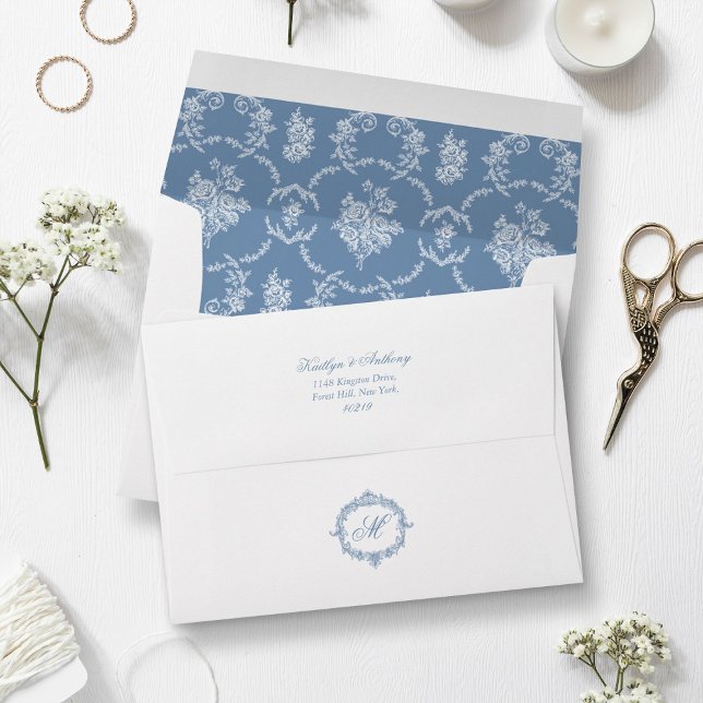 Elegant Vintage Blue Toile Monogram Wedding Envelope (Creator Uploaded)