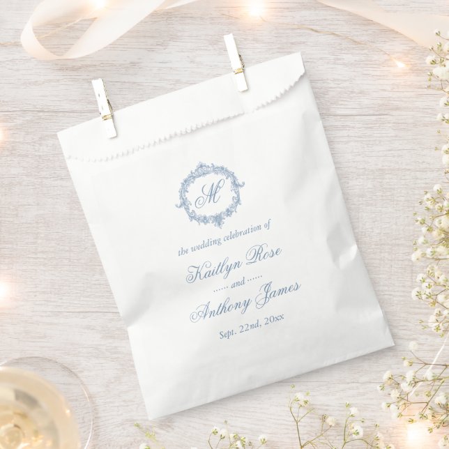 Elegant Vintage Blue Toile Monogram Wedding Favour Bag (Clipped)