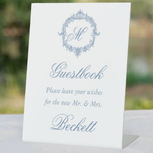 Elegant Vintage Blue Toile Monogram Wedding Pedestal Sign