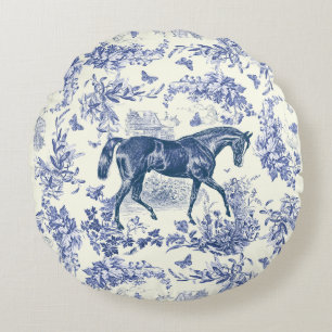 Elegant Vintage Blue White Horse Floral Toile Round Pillow