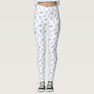 Elegant Vintage Blue White Toile Horseback Riding  Leggings