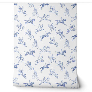 Elegant Vintage Blue White Toile Horseback Riding Wallpaper