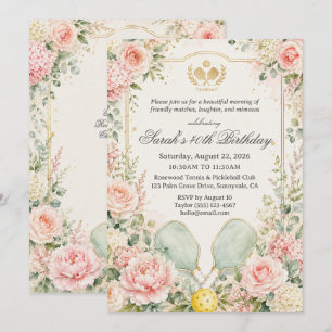 Elegant Vintage Blush Floral Pickleball Birthday Invitation