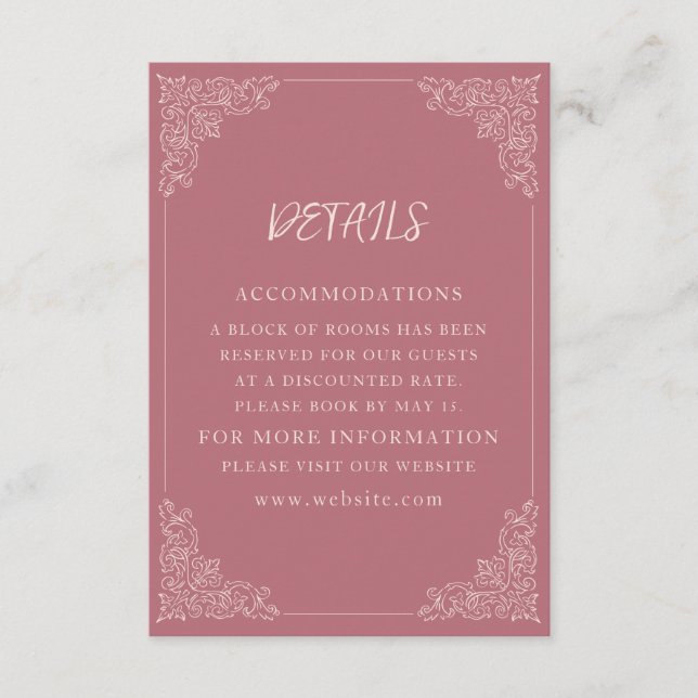 Elegant Vintage Blush Mauve Wedding Details Enclosure Card (Front)
