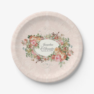 Elegant Vintage Blush Rose Floral Bouquet Damask Paper Plate