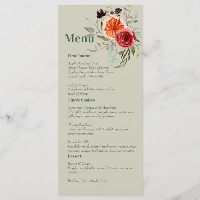 Elegant Vintage Boho Red Orange Grey Menu (Front)