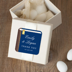 Elegant Vintage Book Navy Blue Wedding Favor Square Sticker