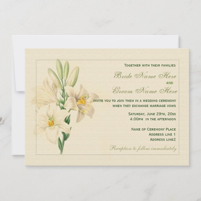 Elegant vintage botanical  art white lily wedding invitation (Front)