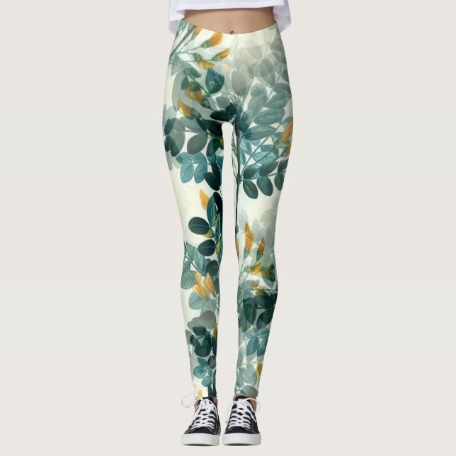 Elegant Vintage Botanical Floral Illustration Leggings (Front)
