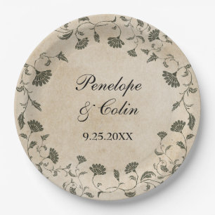 Elegant Vintage Bride Groom Names Wedding Paper Plate