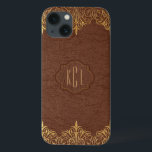 Elegant Vintage Brown Leather Gold Accents iPhone 13 Case<br><div class="desc">Elegant vintage brown tones faux leather look with golden tones floral lace accents. Customizable monogram is optional.</div>