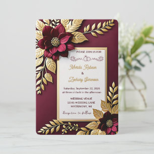 Elegant Vintage Burgundy and Gold Floral Wedding Invitation